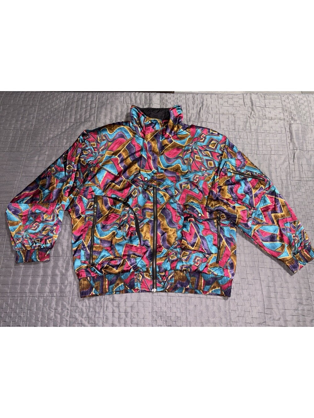 Vintage 80s Lavon Jacket Womens L Abstract Geometric Nylon Windbreaker Retro